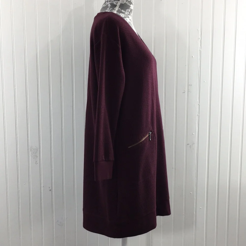J. Jill Maroon Waffle Knit Tunic Top Womens Medium Petite V Neck Long Sleeve - Picture 2 of 11